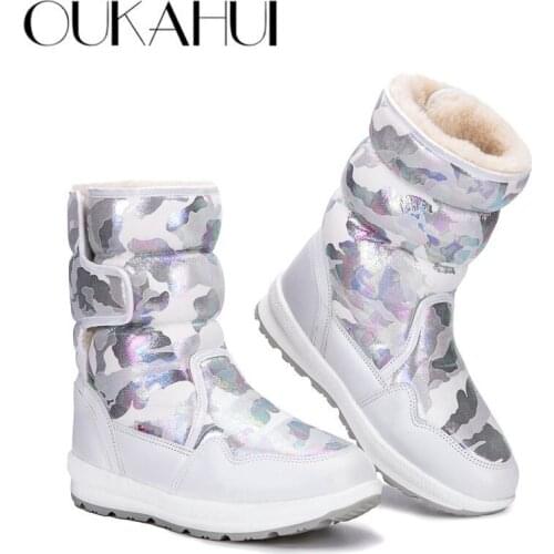 OUKAHUI Fashion Camouflage Winter Snow Boots Women Waterproof Warm Plush Hook Loop Non-Slip Ladies Fur Boots For Women Ankle New
