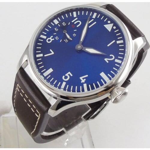 44mm Blue Sterile Dial leather Luminous Hands 17 Jewels 6497 Movement Manual Mechanical Mens Watch