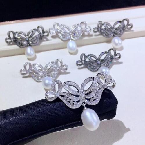 Natural fresh water pearl brooch 925 sterling silver with cubic zircon bowknot brooch pins vintage fine women jewelry