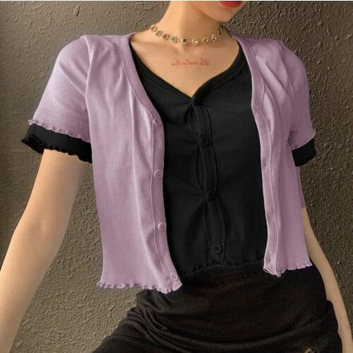 2020 European and American new trend womens sexy contrast color fake two-piece short-sleeved cardigan for women