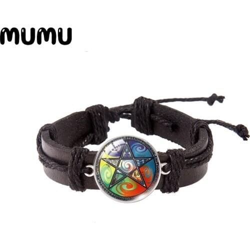 2021 New Wiccan Pentagram Leather Bracelet Pentacle Photo Glass Dome Bracelets Handmade Jewelry Gifts Men Women