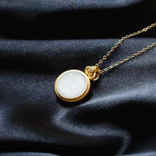 Natural Hetian Jade round Mirror Pendant S925 Sterling Silver Gold Plated White Jade Necklace Simple Gift Pendant