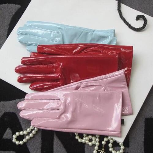 Womens patent genuine leather brief glove ladys warm natural sheepskin leather plus size fashion slim driving glove R2464