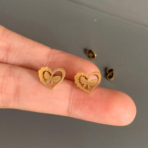 Simple Lovely Small Gold Color Butterfly Heart Stud Earring Women Cute Glossy Animal Stainsteel Steel Ear Stud Cuff Jewelry