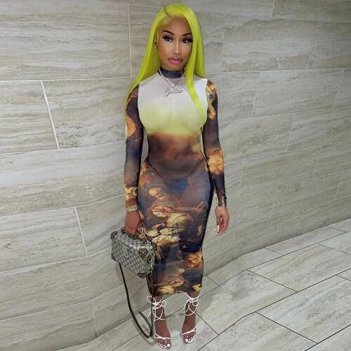 Sheer Mesh Breathable Comfortable Skinny Dress Women Aesthetic Print Full Sleeve Slimming Dress Hipster Body-shaping Vestidos