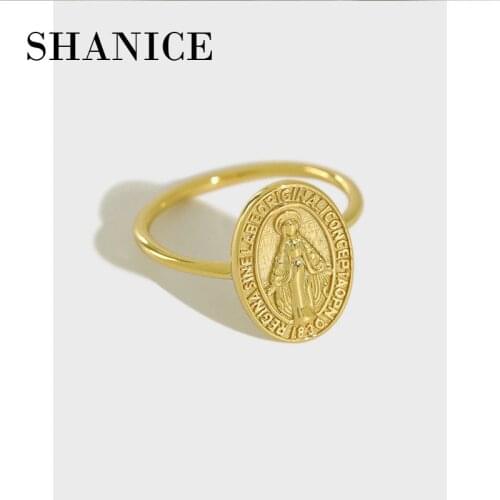 SHANICE 100% Korean S925 sterling silver golden Virgin Mary medal ring open index finger ring female silver jewelry