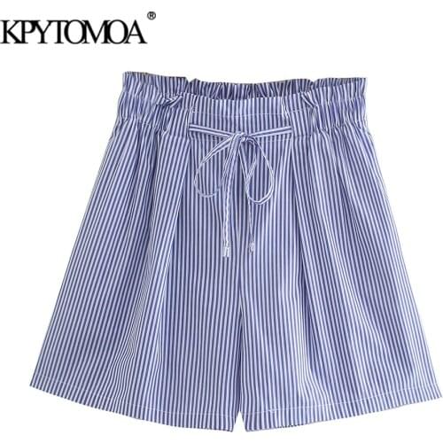 KPYTOMOA Women 2021 Fashion Side Pockets Striped Bermuda Shorts Vintage High Elastic Waist Drawstring Female Short Pants Mujer