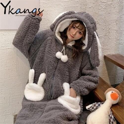 Cute Flannel Stitch Pajamas Winter Plus Velvet Warm Onesie Women Sleepwear Unisex Rabbit Kawaii Loose Thick Plush Hooded Homewea