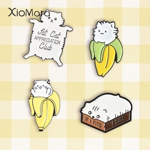 Super Cute White Cat pins Banana Fat Cat Badges Brooches Cute Kawaii Animal Enamel Pins Gift for Cat Lover Kitty Mom Gifts