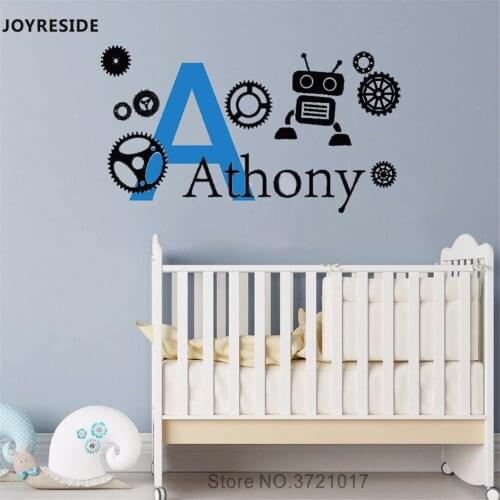 JOYRESIDE Robot Personalized Name With Gears Wall Decal Vinyl Stickcer Home Kids Boys Bedrooms Decor Interior Design Mural A677