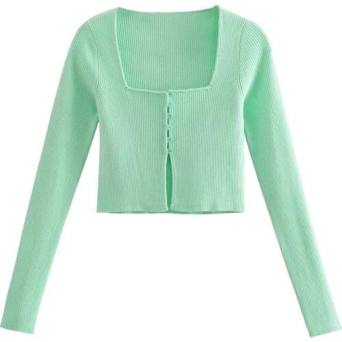 2021 New Women Sexy Fashion Cropped Knitted Cardigan Sweater Vintage Square Collar Long Sleeve Female Outerwear Chic Tops