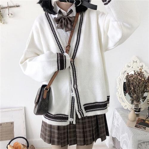 Spring And Autumn Womens Cardigan V Neck Sweater Loose Fashion Knitted Sweater Coat Student Fashion Korean Version Jk Uniform