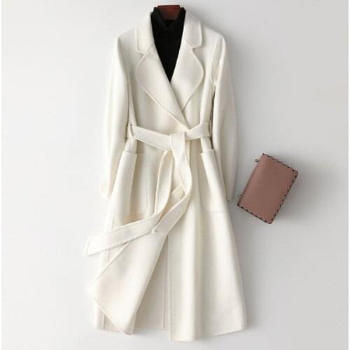 100 % Wool High Quality Women White Double-faced Cashmere Coat Winter Fashion Elegant Mid-length Over The Knee Woolen Overcoat