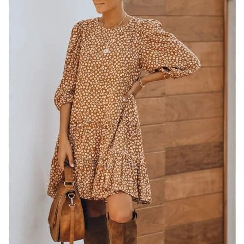 Foridol Floral Print Boho Casual Winter Dress Women 2020 Autumn Orange Short Loose Dress Vestidos O Neck Ladies Vinatge Dress