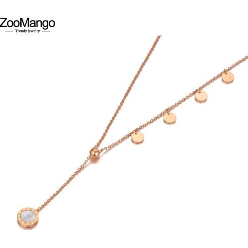 ZooMango White Shell Roman Numerals Charm Pendant Necklaces For Women Fashion Rose Gold Stainless Steel Chain Necklace ZN20169