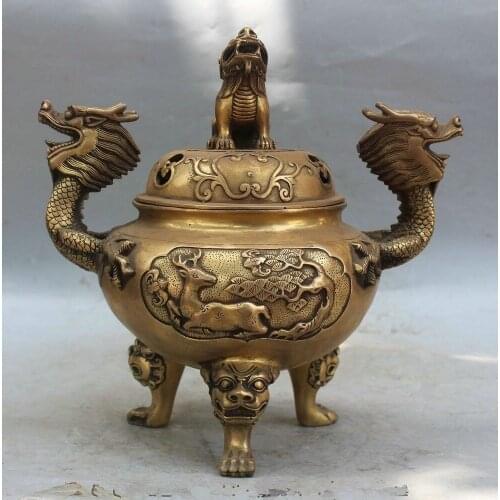 30.5 cm * / Chinese Dynasty Brass Dragon Handle Head Deer beast Incense Burner