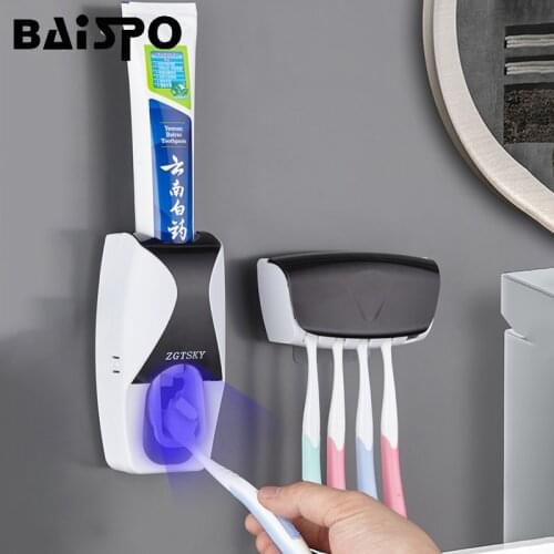 BAISPO Automatic Toothpaste Dispenser Wall Mount Dust-proof Toothbrush Holder Wall Mount Storage Rack Bathroom Accessories Set
