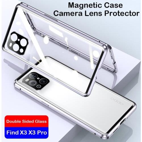 Coque 360 Full Magnetic Case For OPPO Find X3 X3 Pro K9 Reno 6 Case Aluminum Metal Bumper Tempered Glass Camera Protector Cover
