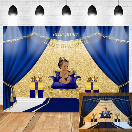 Royal Blue Baby Shower Backdrop Little Prince Photo Background Gifts and Gold Crown Backdrops for Baptism Christening Birthday