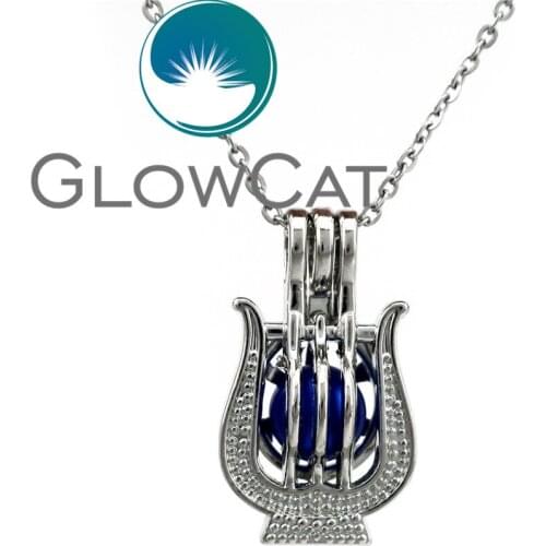 GLOWCAT KK693 Lyre Harp Instrument Beads Cage Locket Pendant Essential Oil Diffuser Pearl Cage Necklace Girl Women Gift