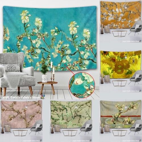 Van Gogh Oil Painting Flowers Almond Blossoms Tapestry Headboard Wall Art Bedspread Dorm Tapestry Home Decor Wall hanging