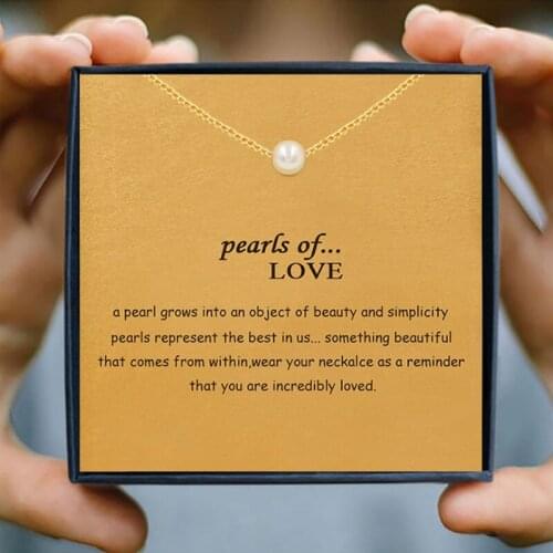 IcareU Pearl Of Love Pendant Necklace Bridesmaid Wedding Propose Wish Card Gift Box Gold Alloy Clavicle Short Chain Jewelry