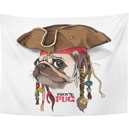 Brown Dog Portrait of Pug in Pirate Hat Bandana Dreadlocks Fun Head Tapestry Home Decor Wall Hanging for Living Room Bedroom