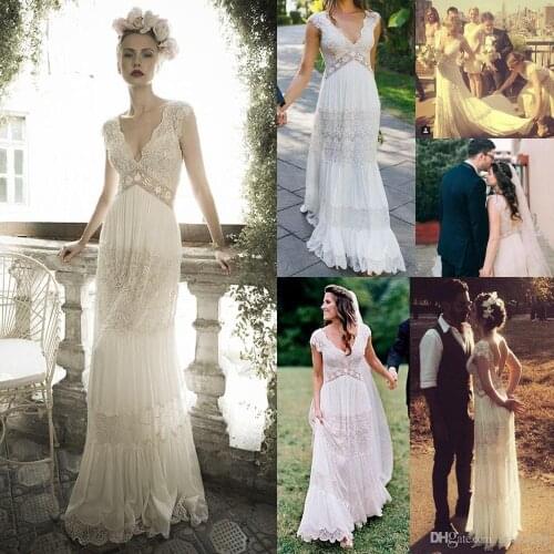 Wedding Dresses Sheer Deep V Neck Backless Bohemia Lace Applique 2020 Wedding Gowns Chiffon Court Train Long Bridal Dress