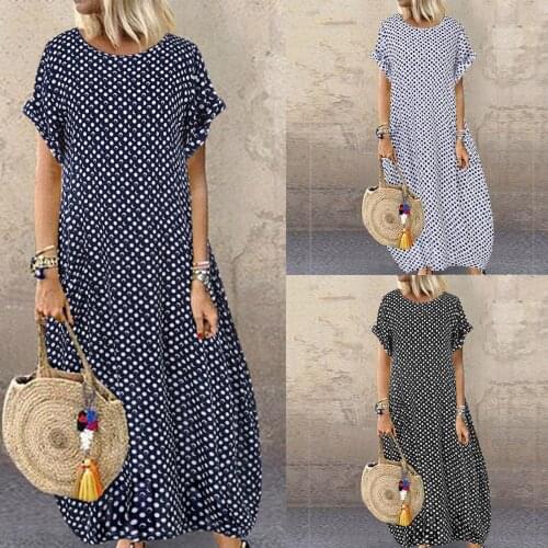 Summer Women Dresses O-Neck Polka Dot Printing Pockets Short Sleeve Dress Female Casual Oversize Loose Long Dresses