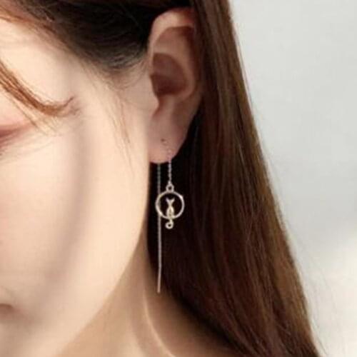 Minimalist Long Tassel Threader Drop Earing Silver Color Kitten Cat Pendant Chain Statement Earrings Women Ear Line Jewelry Gift
