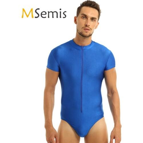 MSemis Mens Lingerie Bodysuit High Cut Bodystock Thong Leotard Front Zipper Stretch Gymnastics Ballet Dance Swimmsuit Undershirt