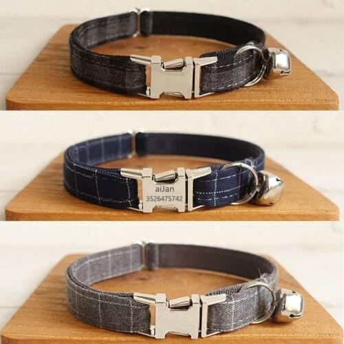 Personalized Engraving Small Dog Puppy Cat Kitten Collar Bell Necklace Adjustable Chihuahua Yorshire Bulldog Collars Nylon Plaid