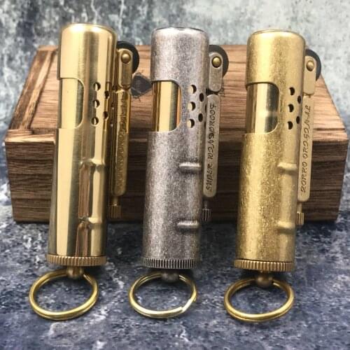 Genuine ZORRO brass Trench kerosene cigarette lighter Retro Retractable Windproof oil Gasoline igniter key chain Wooden gift box