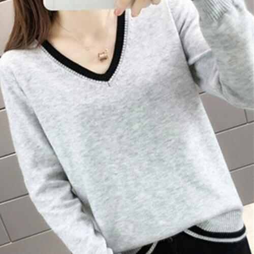 V-Neck Pullover Sweater Womens 2020 New Autumn Winter Korean Fashion Loose All-Match Retro Solid Color Knitting Sweaters Female