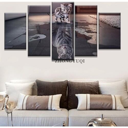 Wall Art Frame For Home Living Room Nordic Decoration 5 Panel Painting Animal Cat New Canvas Tiger Modular Picture Poster