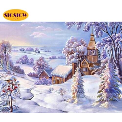 SIOSIOW Diamond Embroidery Landscape Diamond Painting Rhinestone Picture Diamond Mosaic Sale Full Set Church Winter Home Decor