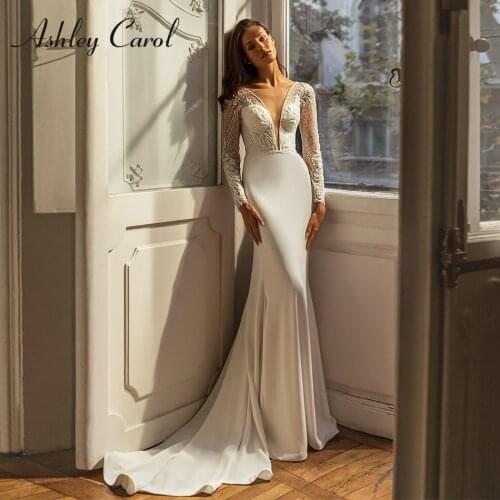 Ashley Carol Mermaid Wedding Dress 2021 Delicate Beaded Sequined V-Neck Bride Shiny Lace Long Sleeve Backless Satin Bridal Gown