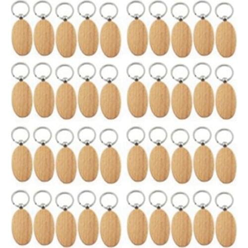 HOT-40Pcs Blank Oval Ellipse Wooden Key Chain DIY Keychain Pendant Keyring Tags Gifts