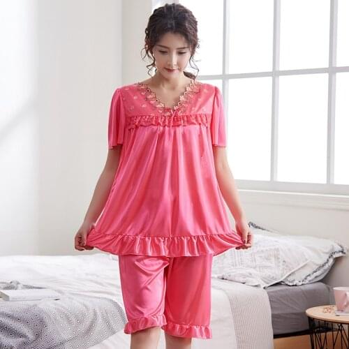 Big Size 5XL Women Sexy Satin Lingerie Underwear Cool Loose Nightwear Sleepwear Short Sleeve Solid Lace Set
