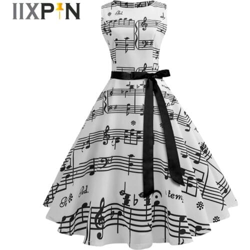 Women Sleeveless Vintage Dress Female Note Pattern Retro Swing Party Dress Ladies Cocktail Evening Gown Summer Womens' Dress