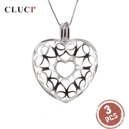 CLUCI 3pcs Big Hollow Heart Cage Pendant to Hold 8 Pearls 925 Sterling Silver Necklace Accessaries Bowknot Pendant SC292SB