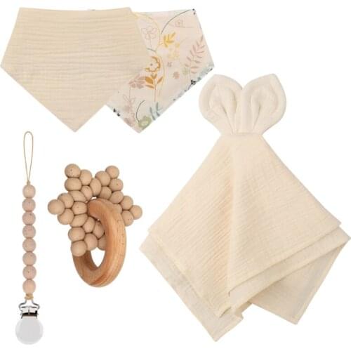 4 Pcs Baby Birthday Gift Beech Wooden Teether Suit Toys Baby Cotton Bib Soothe Appease Towel Kids Products With Box Set