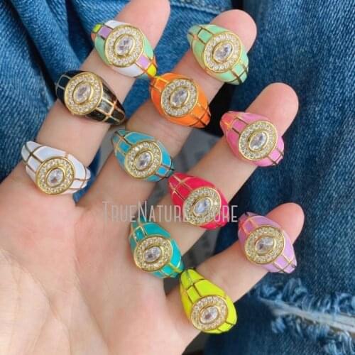5Pcs RM40066 Jewelry Gold Plated Cubic Zirconia Rings Enamel Reticulation Oval Shape Colors Gold Plated Cubic Zirconia Ring