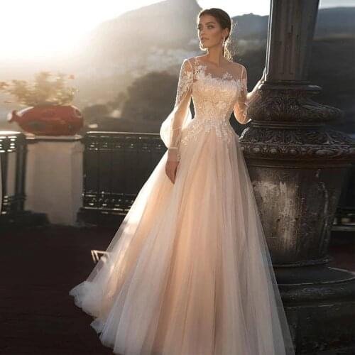 A-line Light Pink Wedding Gowns Elegant Bride Dress With Long Sleeves Vestidos De Noiva