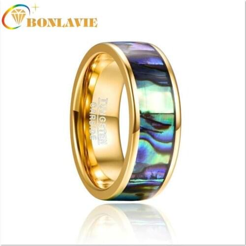 BONLAVIE 8mm Mens Bohemia Carbide Party Ring Electroplated Gold Inlaid Shell Engagement Tungsten Steel Ring