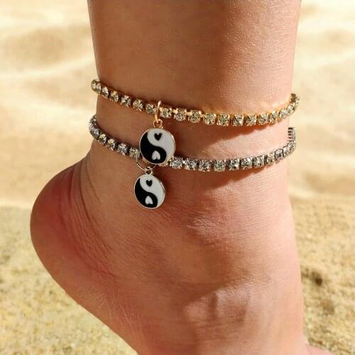 Gold Silver Color Crystal Chain Yin Yang Anklets Shiny Rhinstone Ankle Bracelets For Women Beach Sandals Foot Jewelry on the leg