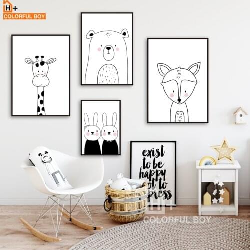 Rabbit Bear Giraffe Fox Wall Art Canvas Painting Cartoon Nordic Posters And Prints Black White Wall Picture Baby Kids Room Decor