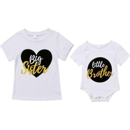 Infant Baby Little Brother Romper Big Sister T-shirt Match Clothes Summer Short Sleeve Outfit Cotton Girls Boys
