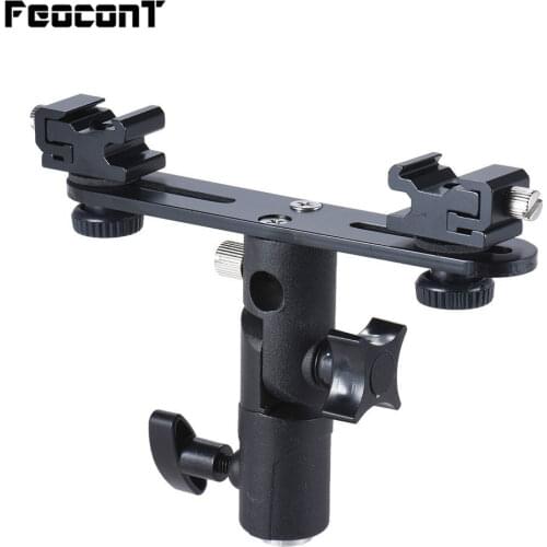 FeoconT Double Header Holder Aluminum Alloy Dual Hot Shoe Flashes Bracket Flash Base E-Shaped Stand Mirrored Umbrella For camera