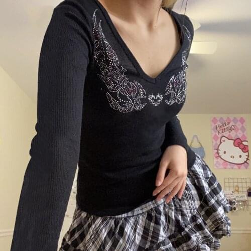 Y2K Love Wings Rhinestone Graphic T Shirts Fairy Grunge clothing 90s Aesthetic Clothes Black Ribbed V Neck Long Sleeve Top